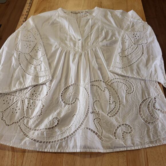 Soft Surroundings White Eyelet Cotton Blouse Pintuck Pleat 3/4" Sleeve XS - Picture 2 of 12